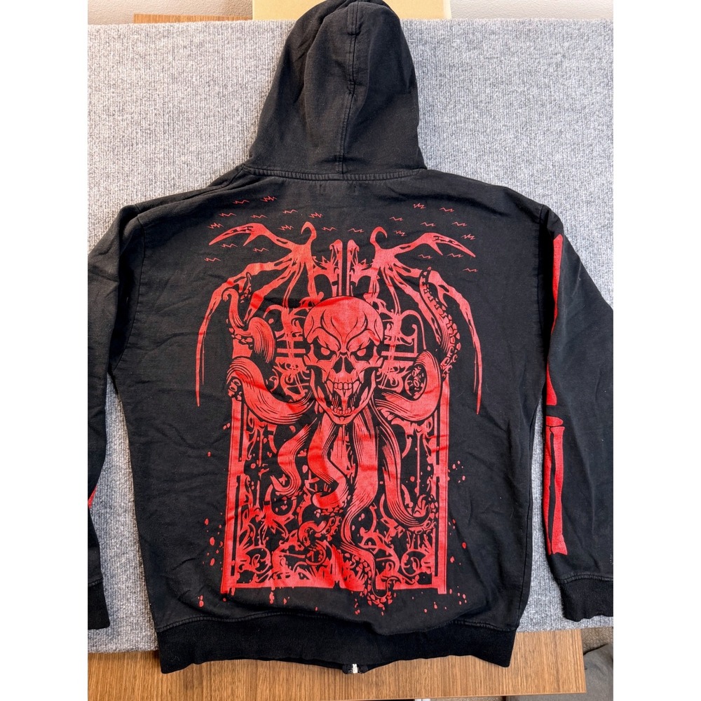 Hot Topic Mens Large Black Red Skull Tentacle Zip Up Hoodie Skeleton Sleeve Y2K